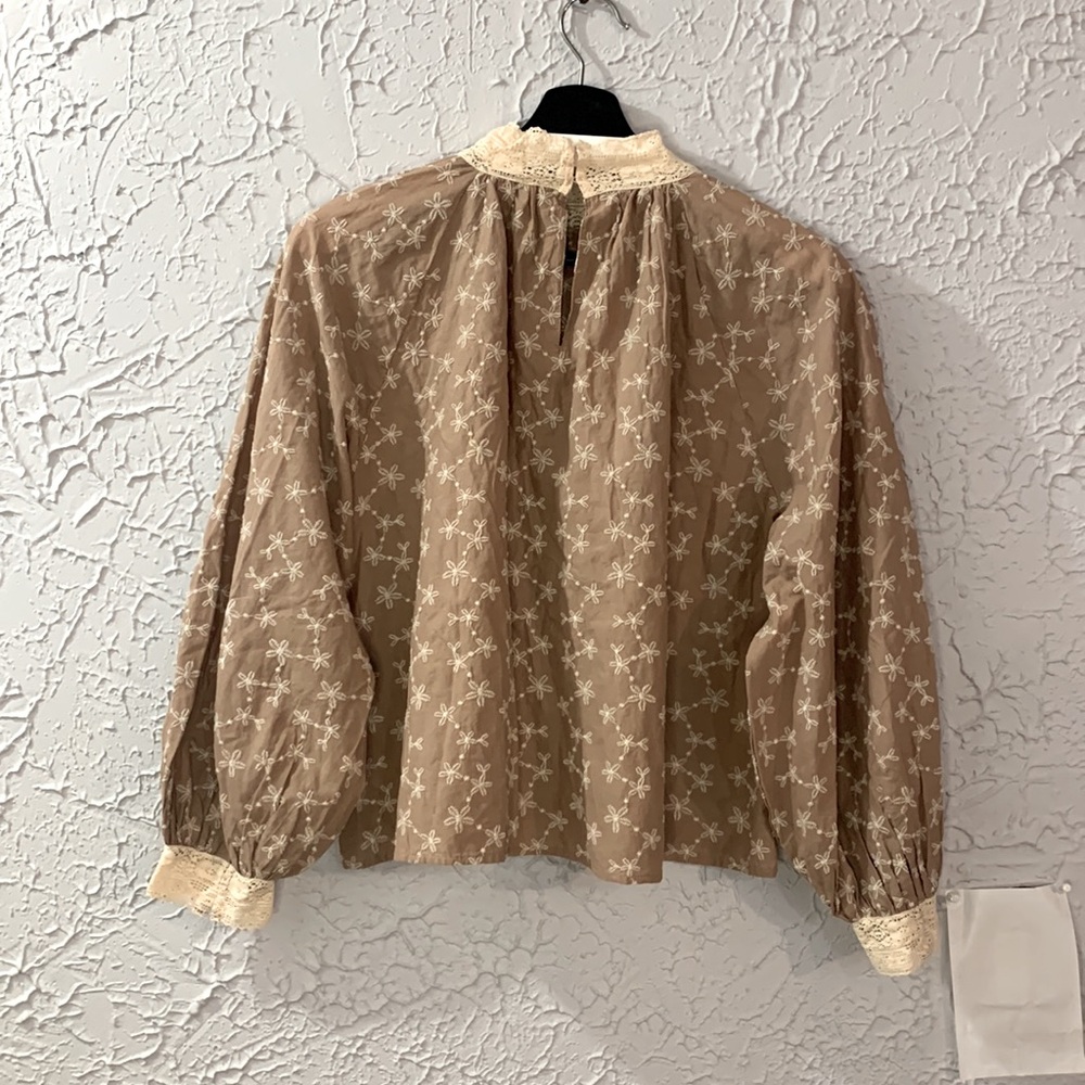 ZARA NEW Embroidered Blouse Beige Tan Small Button Cuffs Romantic Victorian - Picture 8 of 15